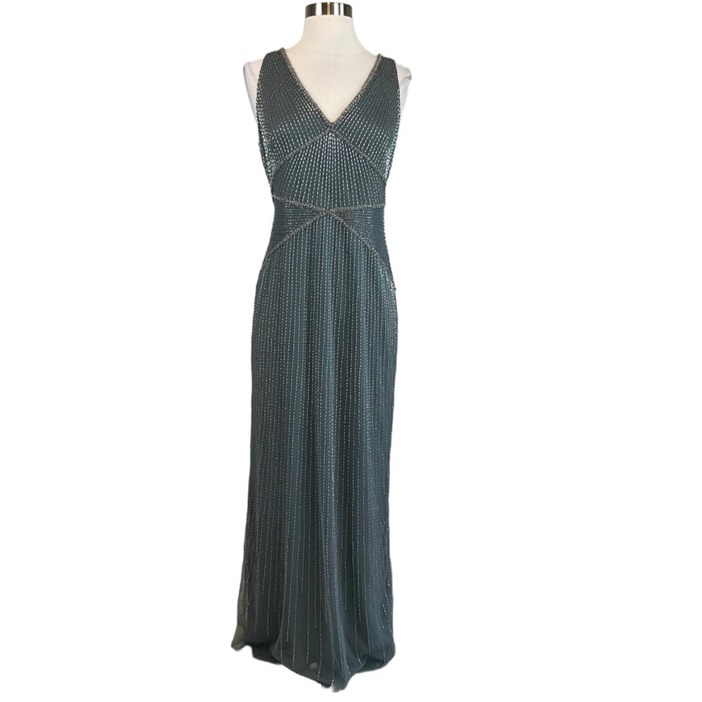 Adrianna Papell Women's Formal Dress Size 10 Gray Green Beaded Long Evening Gown